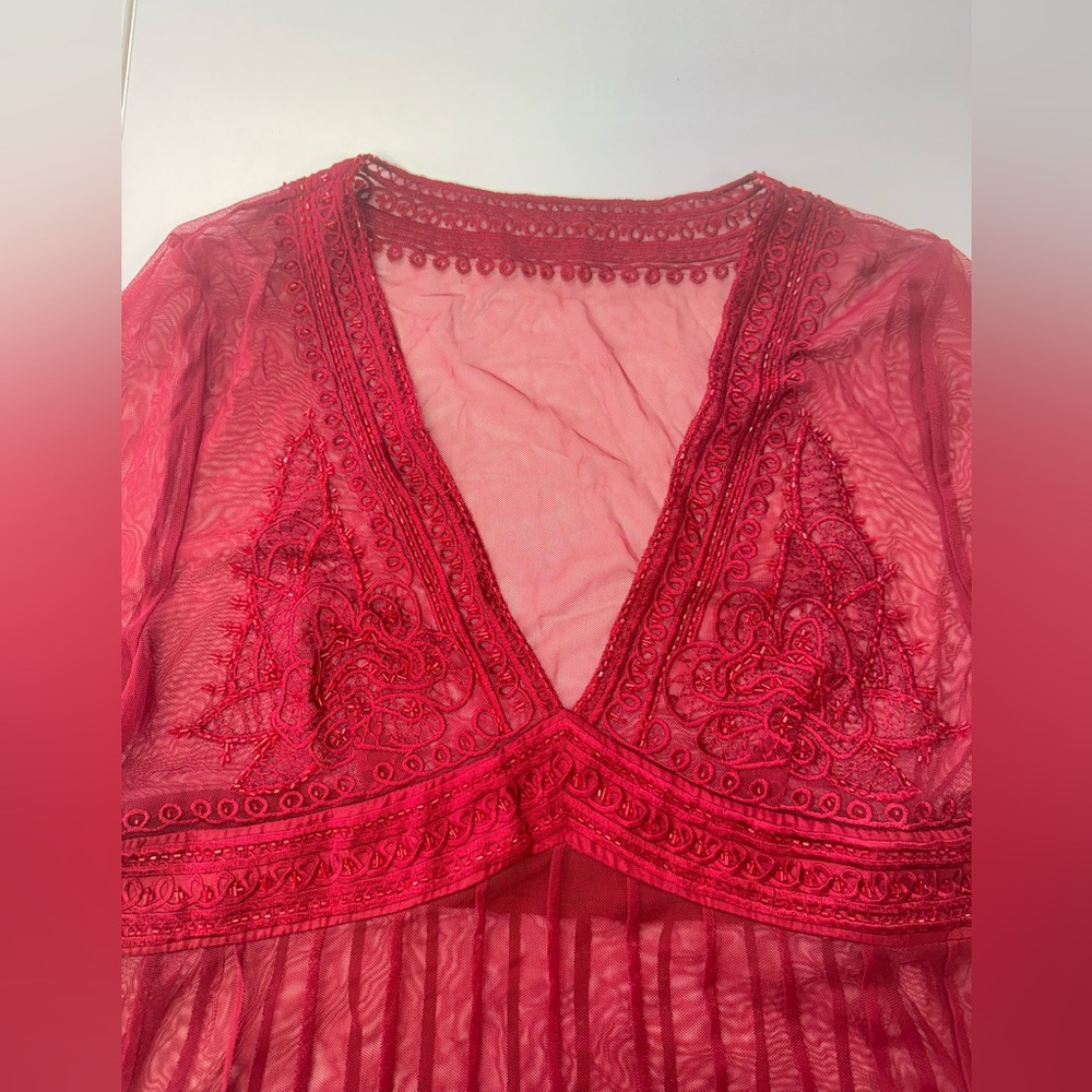 Elegant Red Lace Sheer beaded Embroidered Long Sleeve V-neck Whimsy Goth Top